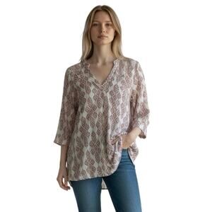 J. Jill Pure Jill Womens Tunic Top Beige Brown Aztec VNeck Stretch Petite’s Sz L